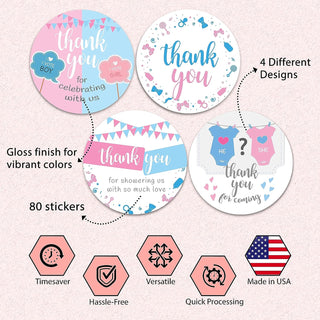 Thank You Baby Shower Stickers - Set of 80 Thank You for Coming Stickers, Preprinted Gender Reveal Party Favor Stickers, Self Adhesive Flat Sheet 2 Inch Round Labels for Theme Party