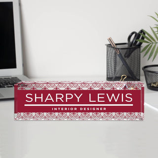 Name Plate for Desk Personalized - Custom Name Plates for Work, Ideal Office Decor for Men and Women, Clear Acrylic Desk Name Plate | Customized Gifts (8" x 2.5") (Red Mosaic)