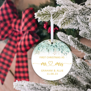 Our First Christmas Married Ornament 2024 - Customizable Text Greenery and Gold