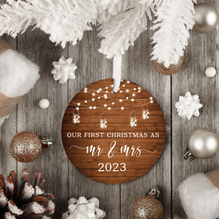 Our First Christmas Married Ornament 2023, Wedding Gifts for Mr and Mrs, 3" Ceramic Christmas Ornament, Wedding Gifts for Couple Xmas Tree Decoration (Rustic)