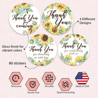 Thank You Sunflower Stickers - Set of 80 Thank You for Coming Stickers, Preprinted Baby Shower, Bridal Shower Stickers, Birthday Party Favor Sticker, Self Adhesive Flat Sheet 2 Inch Round Labels Theme Party