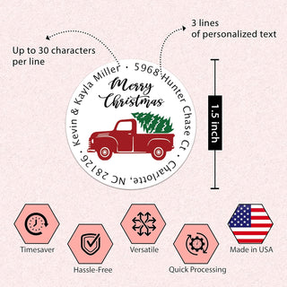 Red Truck Christmas Address Labels - Custom Holiday Return Address Labels, Set of 80 Mailing Labels Round Labels for Envelopes, Self Adhesive Stickers Christmas Red Truck Design (Red Truck - Side)