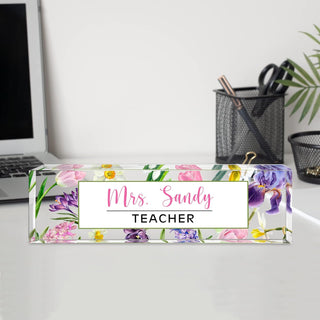 Name Plate for Desk Personalized - Custom Name Plates for Work, Ideal Office Decor for Men and Women, Clear Acrylic Desk Name Plate | Customized Gifts (8" x 2.5") (Spring Garden)