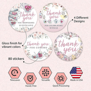 Thank You Tea Party Baby Shower Stickers - Set of 80 Thank You for Coming Stickers, Preprinted Bridal Shower Stickers, Birthday Party Favor Sticker, Self Adhesive Flat Sheet 2 Inch Round Labels Theme Party