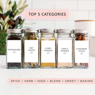 Rectangular Minimalist Spice Labels - 160 Waterproof Spice Jar Labels - Preprinted Herb Stickers - Fits Round Bamboo Jars or Rectangular Glass Seasoning Containers - Self Adhesive Organization Labels