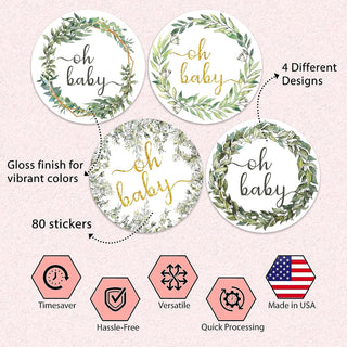 Thank You Baby Shower Stickers - Set of 80 Greenery Wreath Thank You for Coming Stickers, Preprinted Birthday Party Favor Sticker, Self Adhesive Flat Sheet 2 Inch Round Labels Theme Party