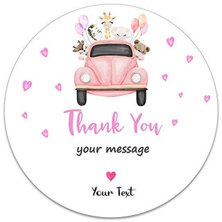 Baby Shower Favors Custom Stickers - Set of 36 Personalized Baby Shower Thank You Gifts Self Adhesive Flat Sheet 2 Inch Round Labels for Drive by Pink Baby Girl Shower Favors Jungle Animals Theme