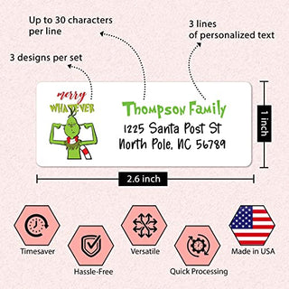 Personalized Christmas Address Labels Set - Custom Holiday Return Address Labels, Set of 120 Mailing Labels Flat Sheet Rectangle Labels for Envelopes, Self Adhesive Stickers with 3 Designs (Grinch)