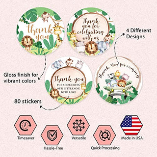 Jungle Safari Baby Shower Stickers - Set of 80 Thank You for Coming Stickers, Preprinted Baby Stickers for Baby Shower Thank You Gifts, Self Adhesive Flat Sheet 2 Inch Round Labels Safari Theme Party