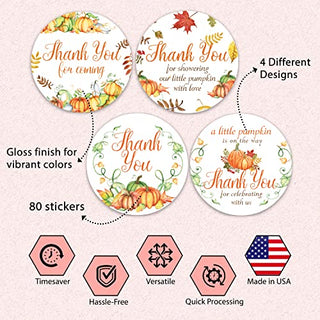 Baby Shower Stickers Little Pumpkin - Set of 80 Thank You for Coming Stickers, Preprinted Baby stickers for Fall Themed Baby Shower Thank You Gifts, Self Adhesive Flat Sheet 2 Inch Round Labels Pumpkin Theme Party